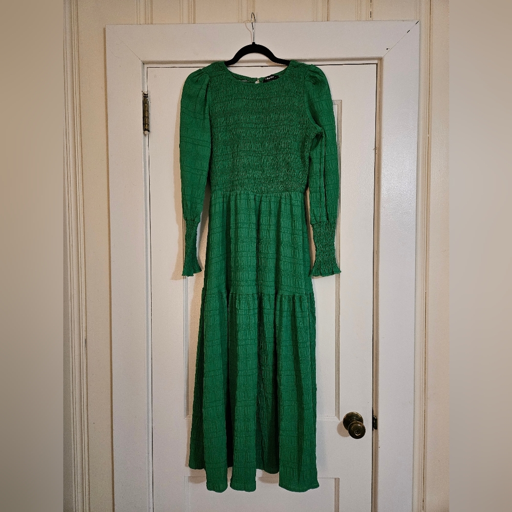Long Sleeve Smoked Maxi Dress with Elastic Fitted Waist Size Small - Picture 3 of 6